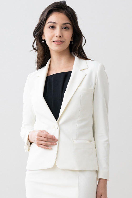 Stretch Jacquard: White Geo Jacquard Stretch Blazer Jacket