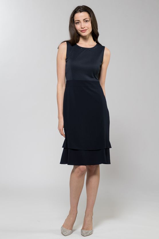 Stretch Chiffon: Navy Swarovski Round Neck Dress