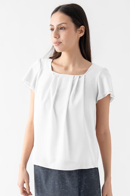 Stretch Chiffon: White Square Neck Chiffon Top