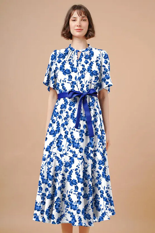 Navy Orchid Stretch Chiffon long mermaid dress with flowing skirt.