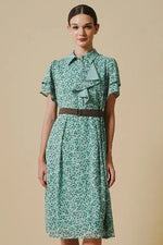 Reproduction / Stretch Chiffon: Green Petite Flower Frill Shirt Dress