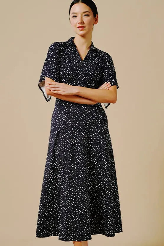 4-Way Stretch: Navy Dot Collared Flared Dress