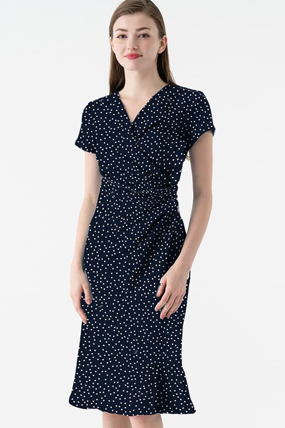 Navy Tiny Dot Gathered Dress