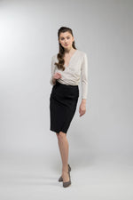 Black lightweight stretch slit skirt, a versatile and comfortable option.