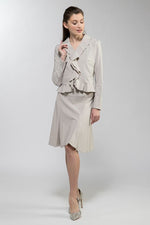 Greige Stretch Frill Jacket, a sold-out garment with ruffles along the lapels and cuffs.