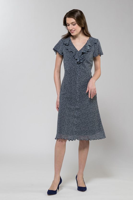 Stretch Chiffon: Navy Dot Stretch Chiffon Dress
