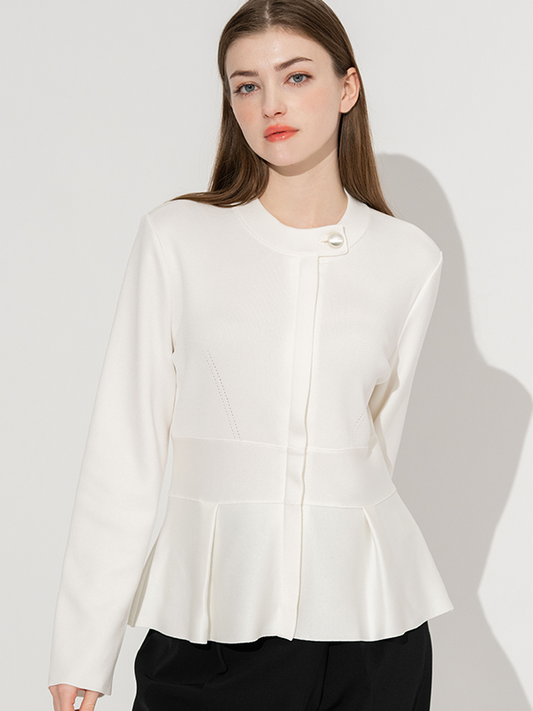 A Washable Knit: White Kanazawa Peplum Knit Jacket with a flattering peplum hem and round neckline.