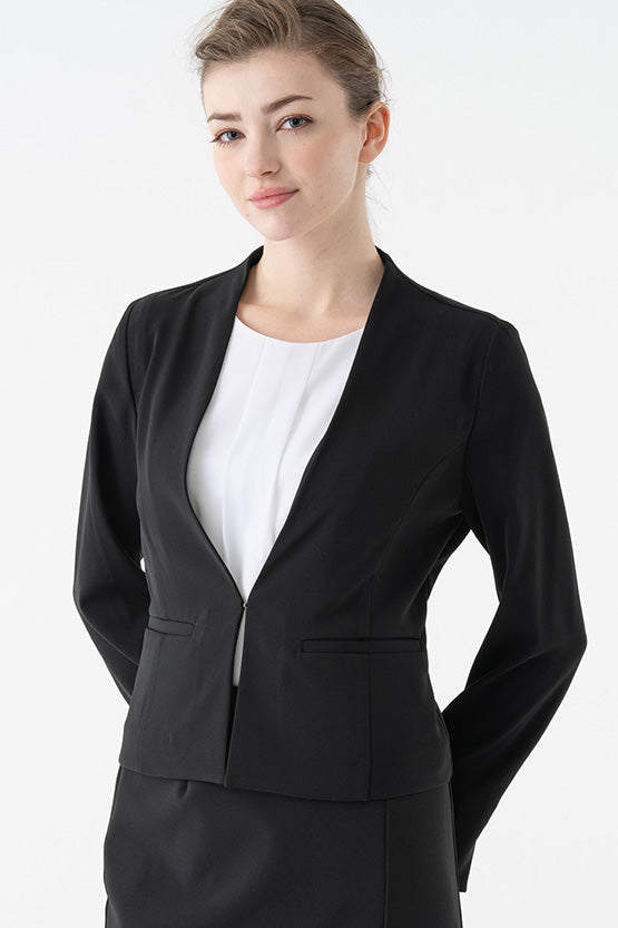 All-Season / No Lining: Smart Stretch Black Front Hook Collarless Jacket