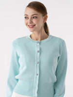 Mint Blue Flower Metal Button Waist-Shaping Cardigan Made In Kanazawa