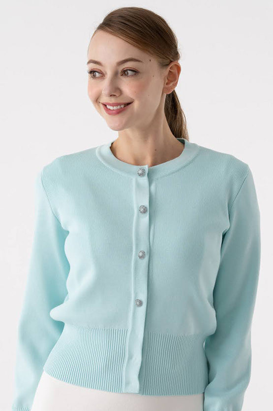 Mint Blue Flower Metal Button Waist-Shaping Cardigan Made In Kanazawa