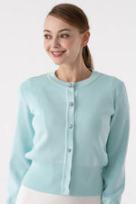 Mint Blue Flower Metal Button Waist-Shaping Cardigan Made In Kanazawa
