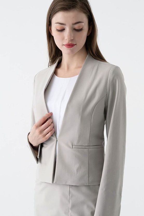 Cool Ice Gray Suit, Front Hook Collarless Jacket