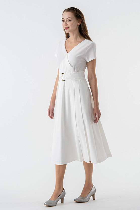White A-Line Belted Dress