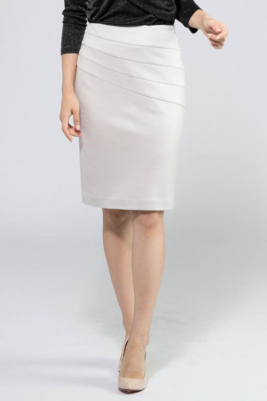 Light beige Rich Wool Switch Skirt, a knee-length A-line skirt with a subtle weave texture.