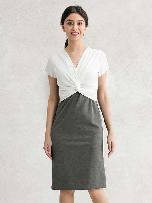 Cotton Blend White/Gray Twisted Short Sleeve Dress, a flowing midi dress with a unique twisted detail at the waist.