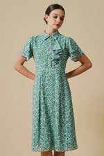 Reproduction / Stretch Chiffon: Green Petite Flower Frill Shirt Dress