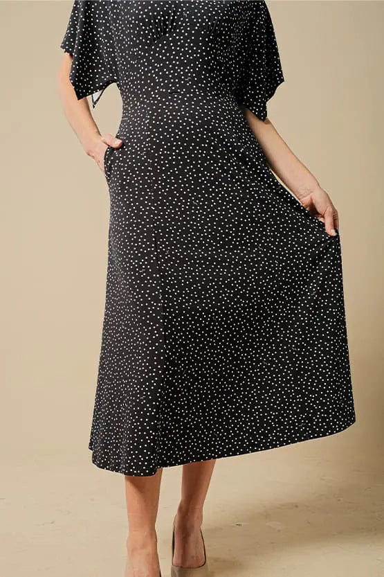4-Way Stretch: Navy Dot Collared Flared Dress