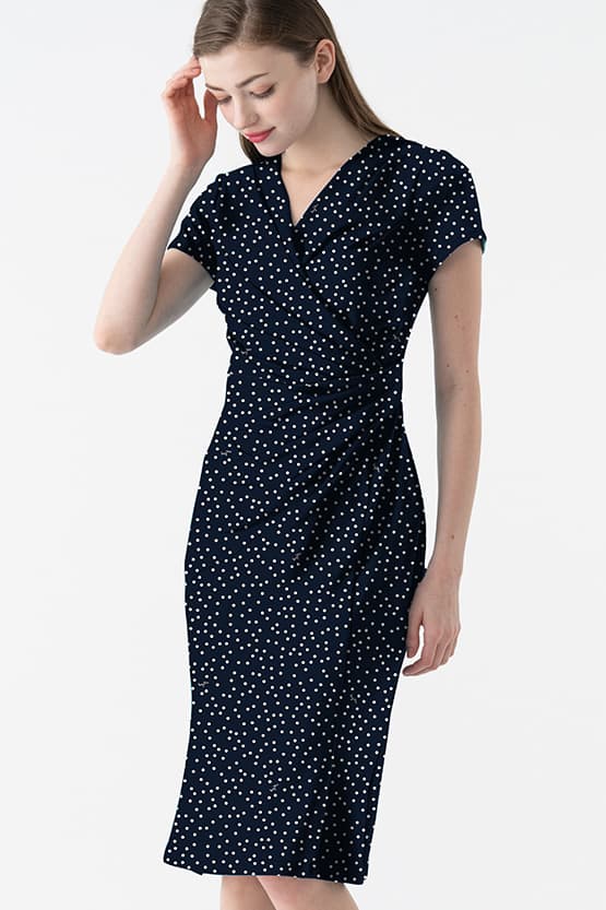 Navy Tiny Dot Gathered Dress