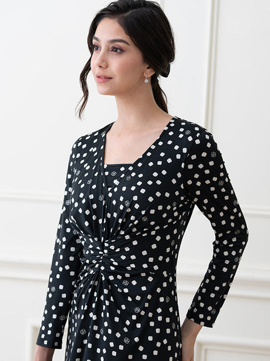 Monotone Kay Me Rose Dot Long V-Drape Dress in a flowing, floor-length silhouette with a subtle rose dot pattern.