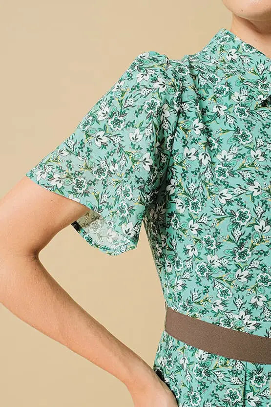 Reproduction / Stretch Chiffon: Green Petite Flower Frill Shirt Dress