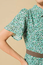 Reproduction / Stretch Chiffon: Green Petite Flower Frill Shirt Dress