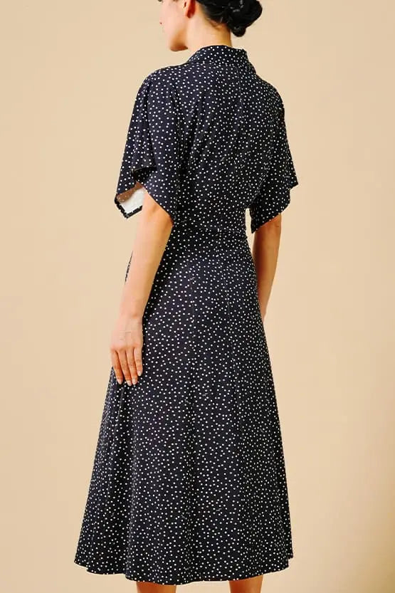 4-Way Stretch: Navy Dot Collared Flared Dress