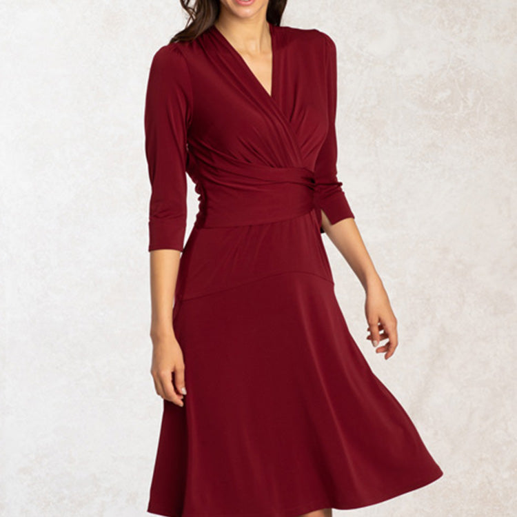 A wraparound and A-line design creates a super feminine impression