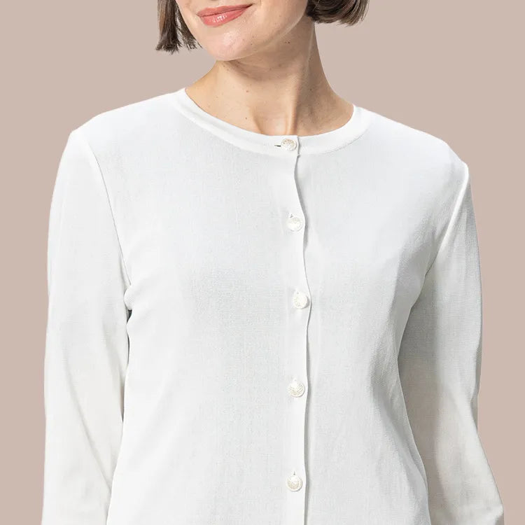 Rounded crew neck is gentle on the face