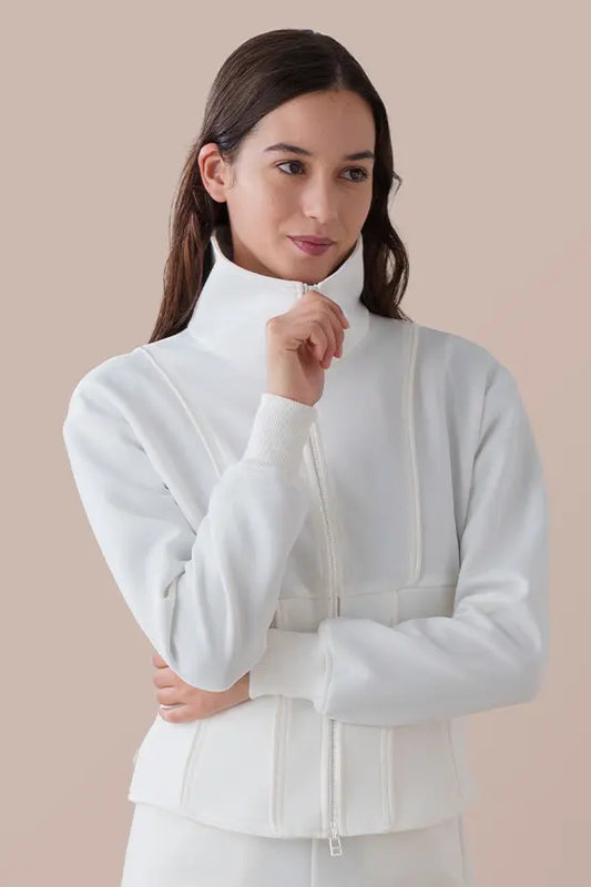 Black Space Material corset zip-up with a front zipper closure and a fitted silhouette.