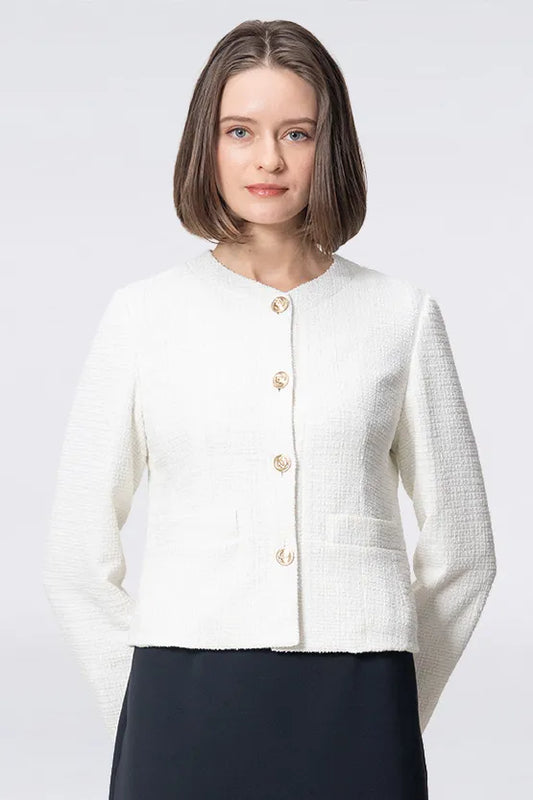 Stretch Lame Tweed: No-Collar Short Jacket