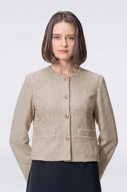 Stretch Lame Tweed: No-Collar Short Jacket