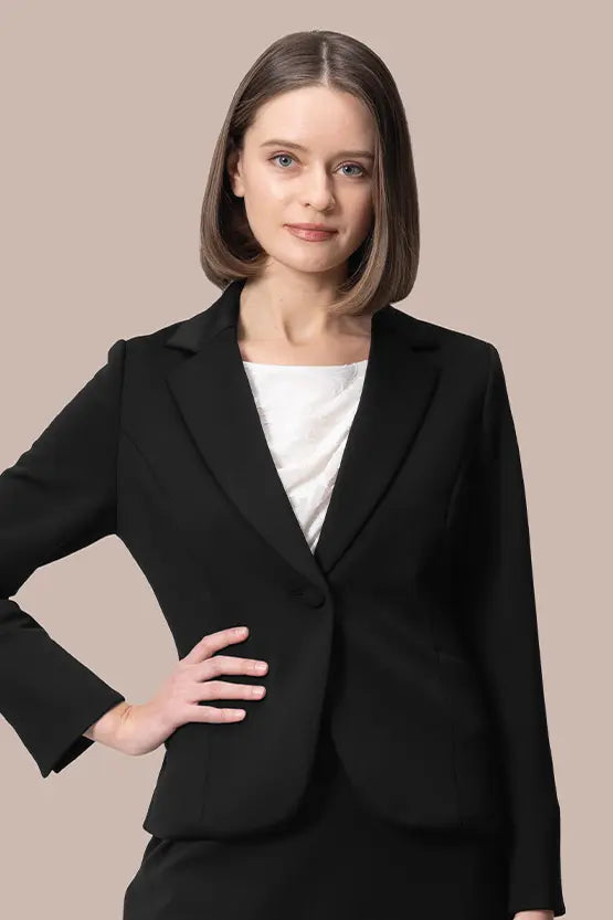 Tailored Space Material jacket, a sleek navy blue blazer with sharp lapels and a single button closure.