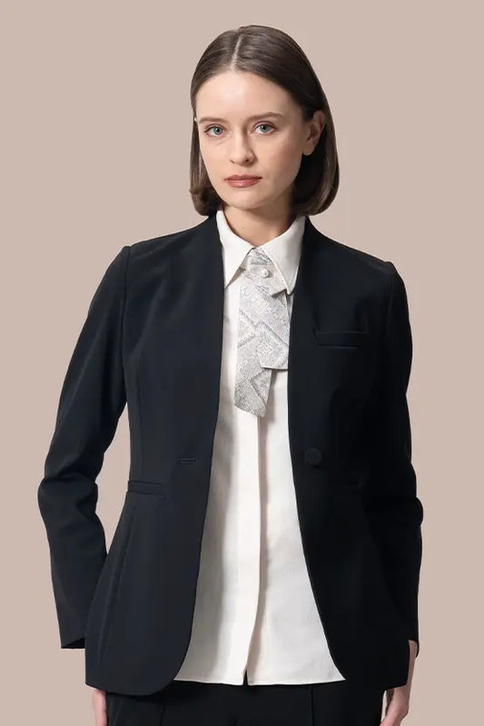 Black Smart Stretch No-Curl Long Jacket, a sleek, floor-length garment with a fitted silhouette and subtle texture.