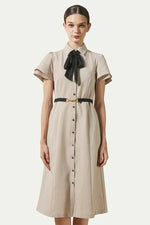 Beige x Black Bowtie Shirt Dress