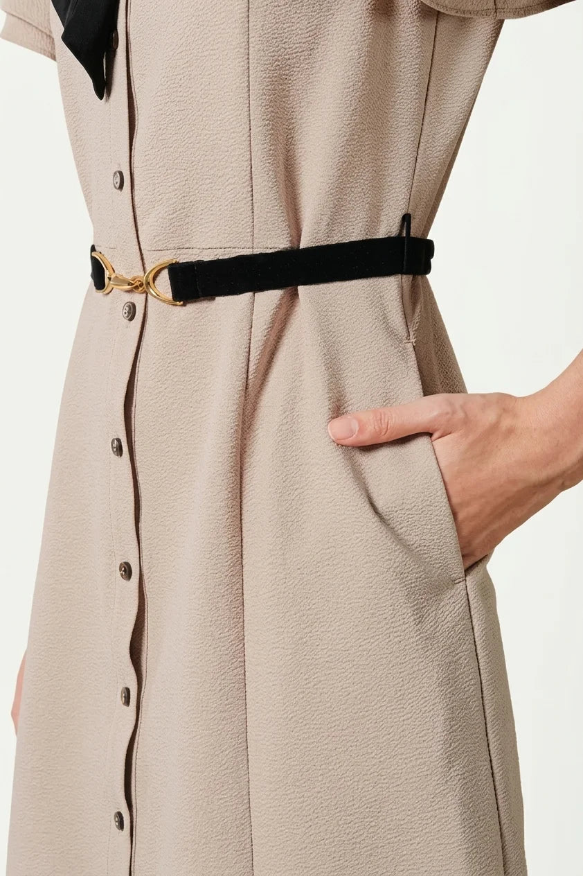 Beige x Black Bowtie Shirt Dress