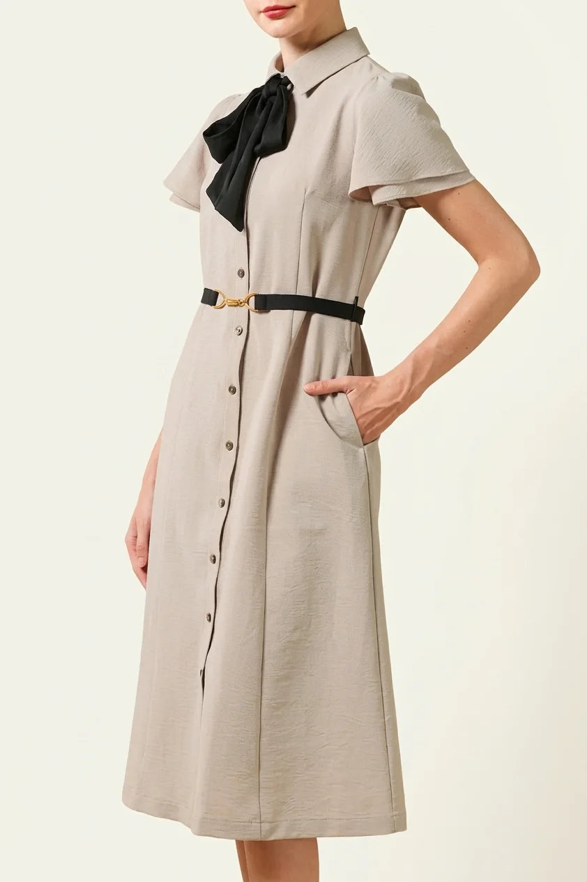 Beige x Black Bowtie Shirt Dress