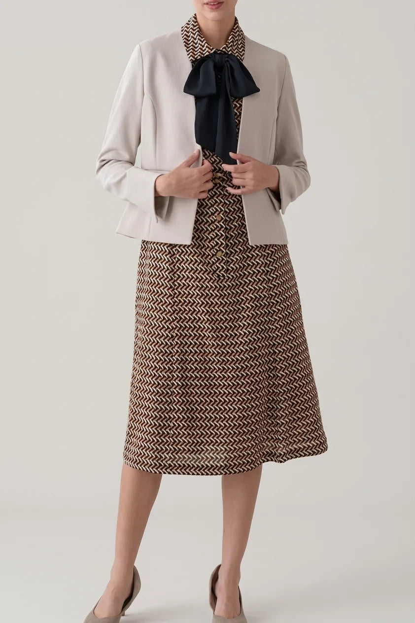 Chiffon Georgette: Monogram Brown Shirt Dress With Bowtie
