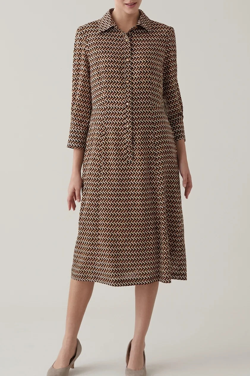 Chiffon Georgette: Monogram Brown Shirt Dress With Bowtie
