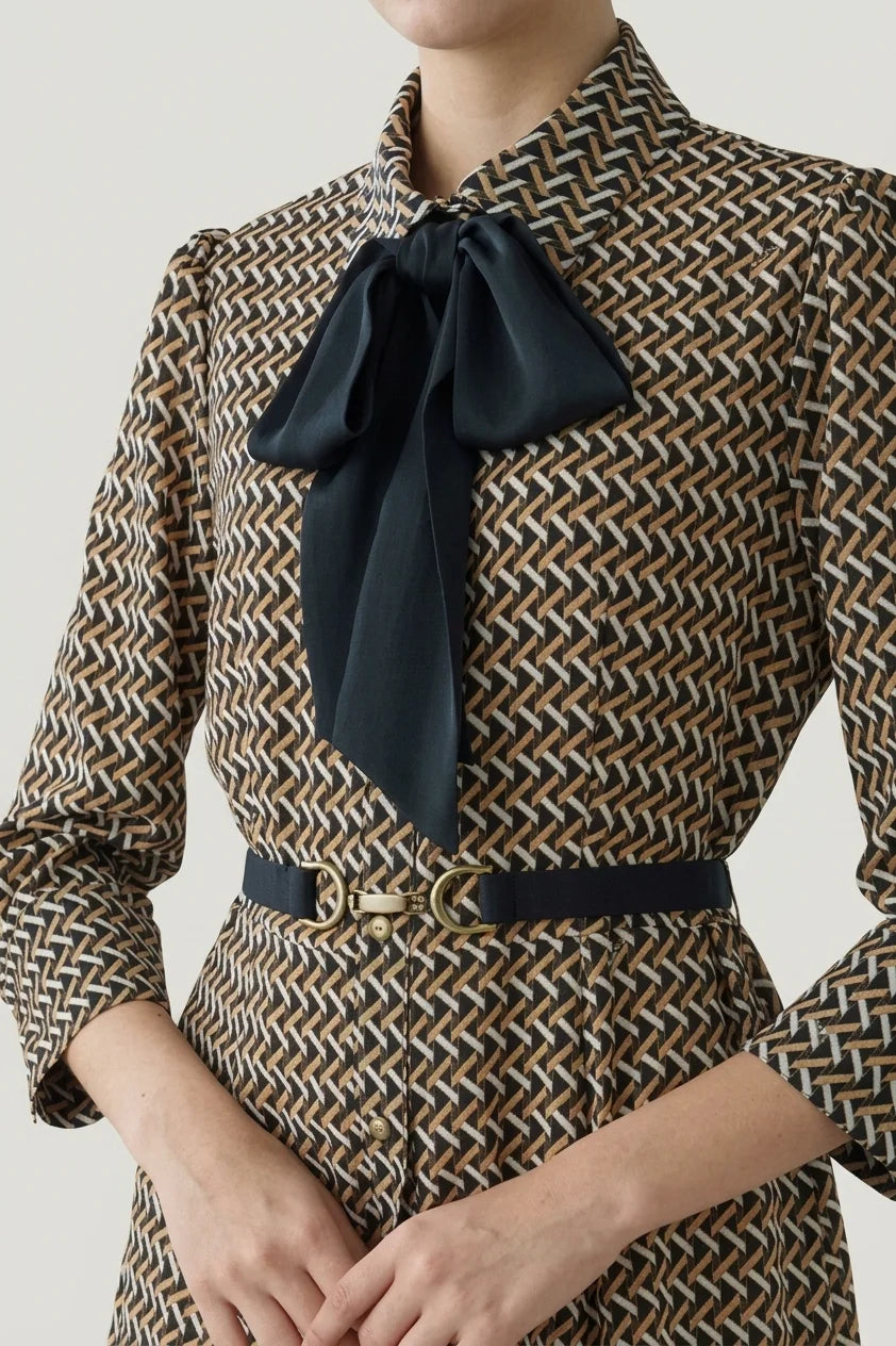 Chiffon Georgette: Monogram Brown Shirt Dress With Bowtie
