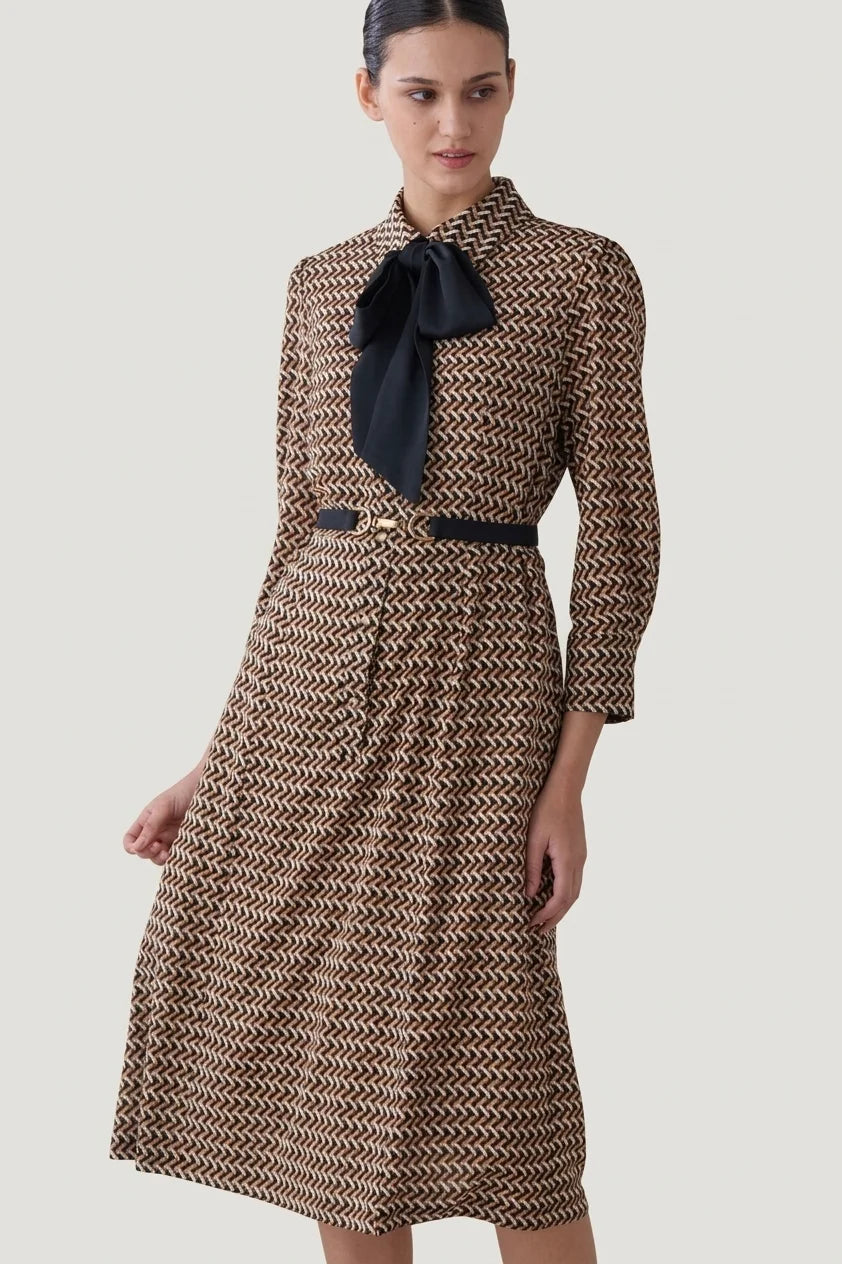 Chiffon Georgette: Monogram Brown Shirt Dress With Bowtie