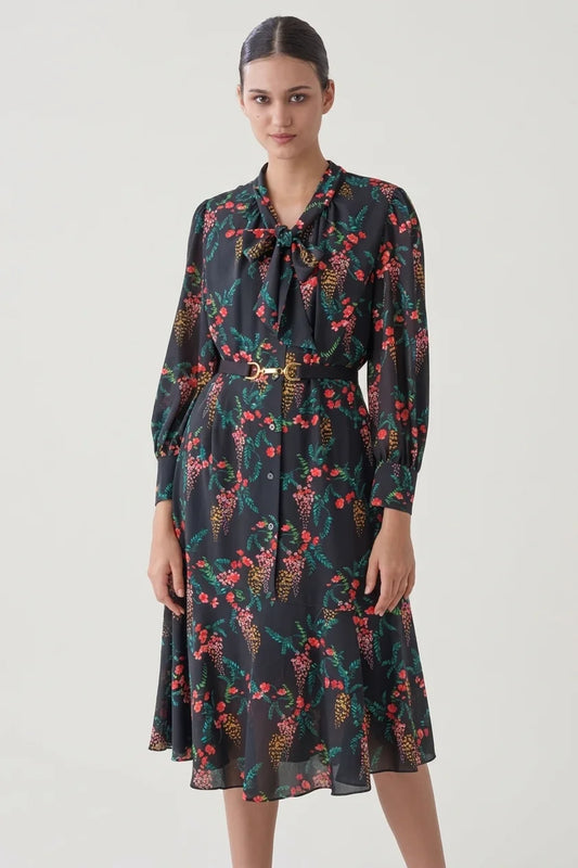 Stretch Chiffon: Black Garden Mermaid Dress With Tie