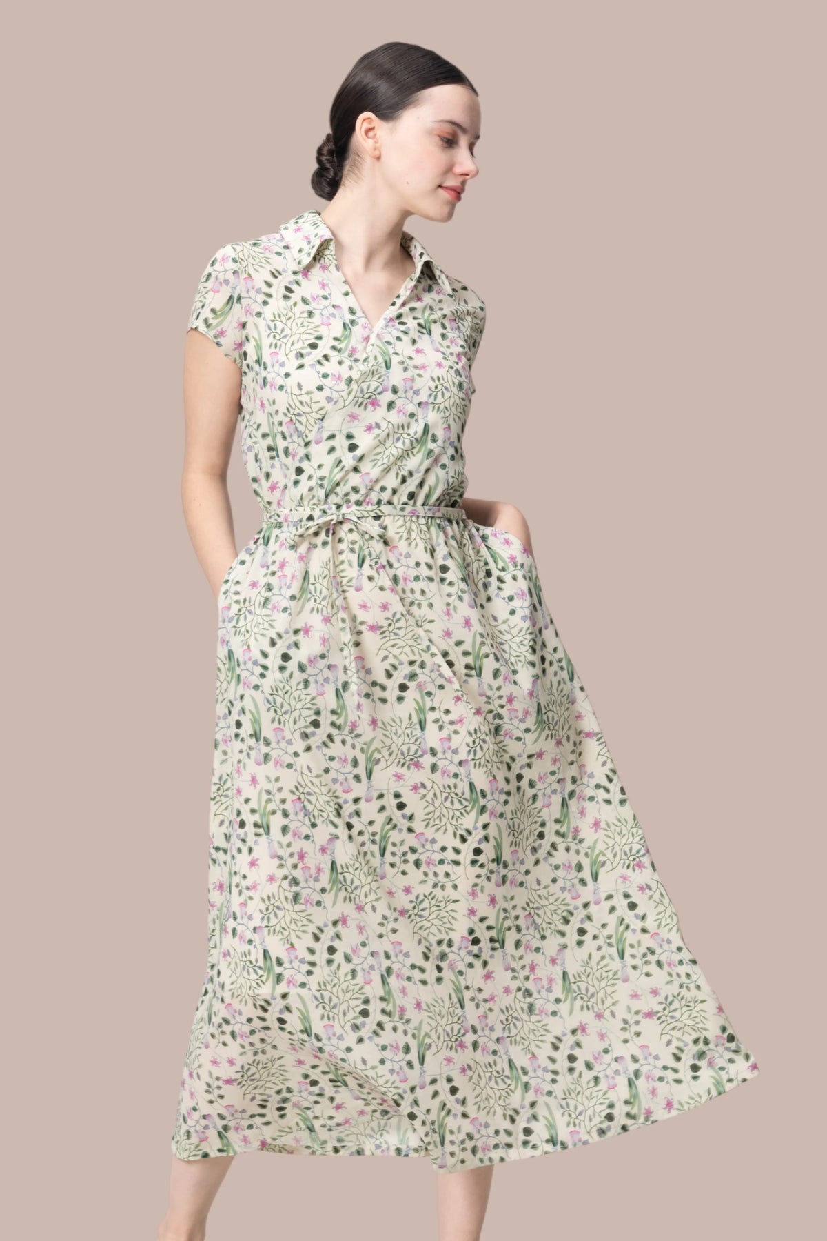 Long stretch chiffon collared cache-coeur dress in navy.