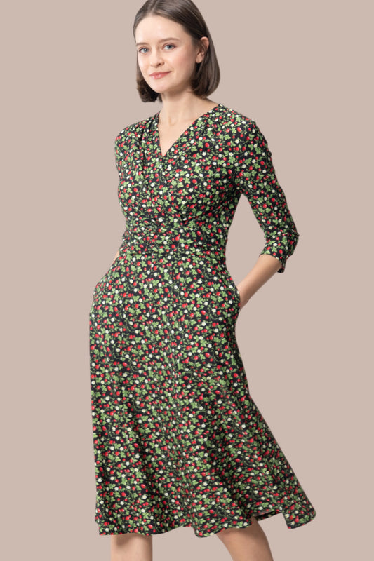 Mimorin Dress in stretch jersey, a flowing midi dress with a relaxed fit and subtle sheen.