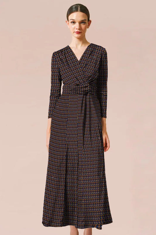 Stretch Jersey: Monogram Navy Long Marilyn Dress with navy blue monogram fabric.