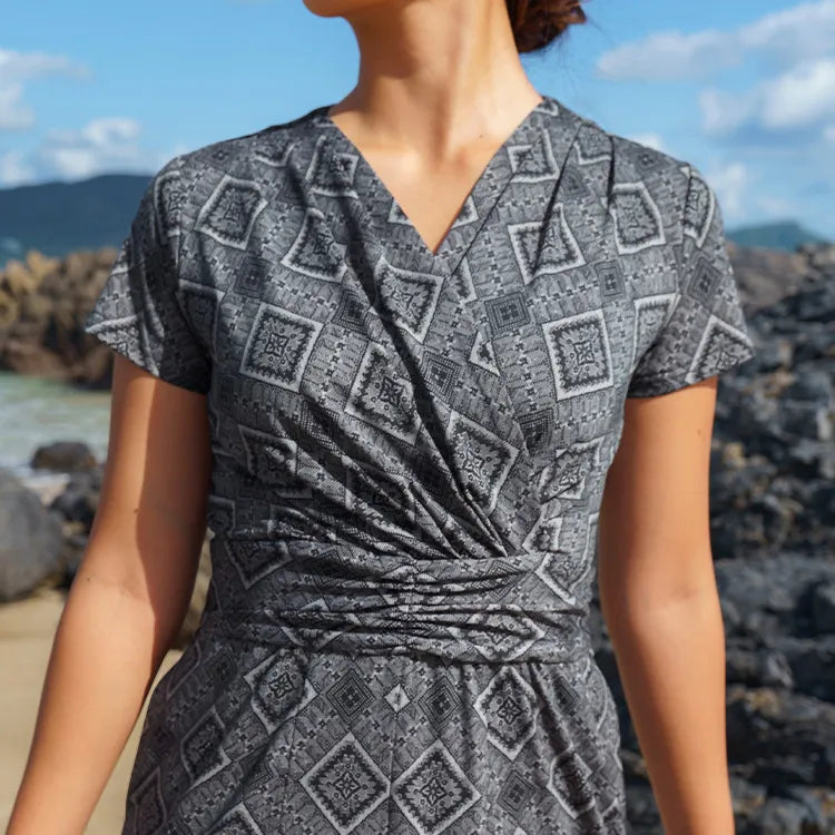 An elegant wrap design that enhances feminine grace