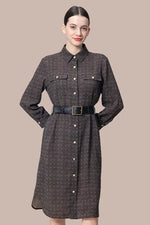 Oshima Tsumugi Design Stretch Georgette Shirt Dress in a classic silhouette with a subtle pattern.