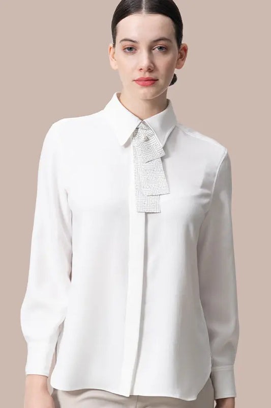 Authentic Oshima Tsumugi stretch georgette shirt with bow tie, featuring a dark, textured fabric.