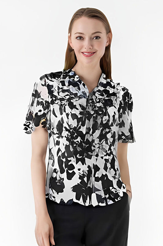 Stretch Chiffon Shadow Flower Frill Blouse with delicate floral print and ruffled details.