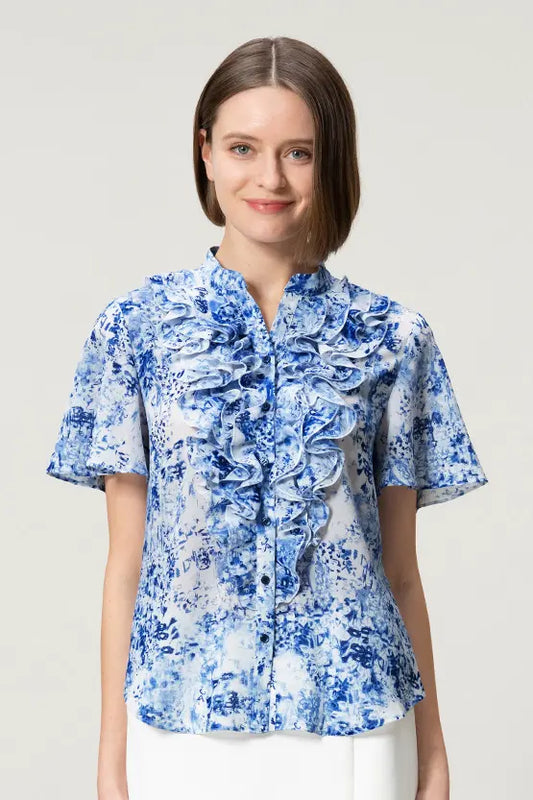 Stretch Chiffon: Frill Short-Sleeve Blouse