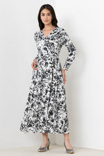 Long Length: Gray Nuance Flower Long Cache-Coeur Ribbon Dress
